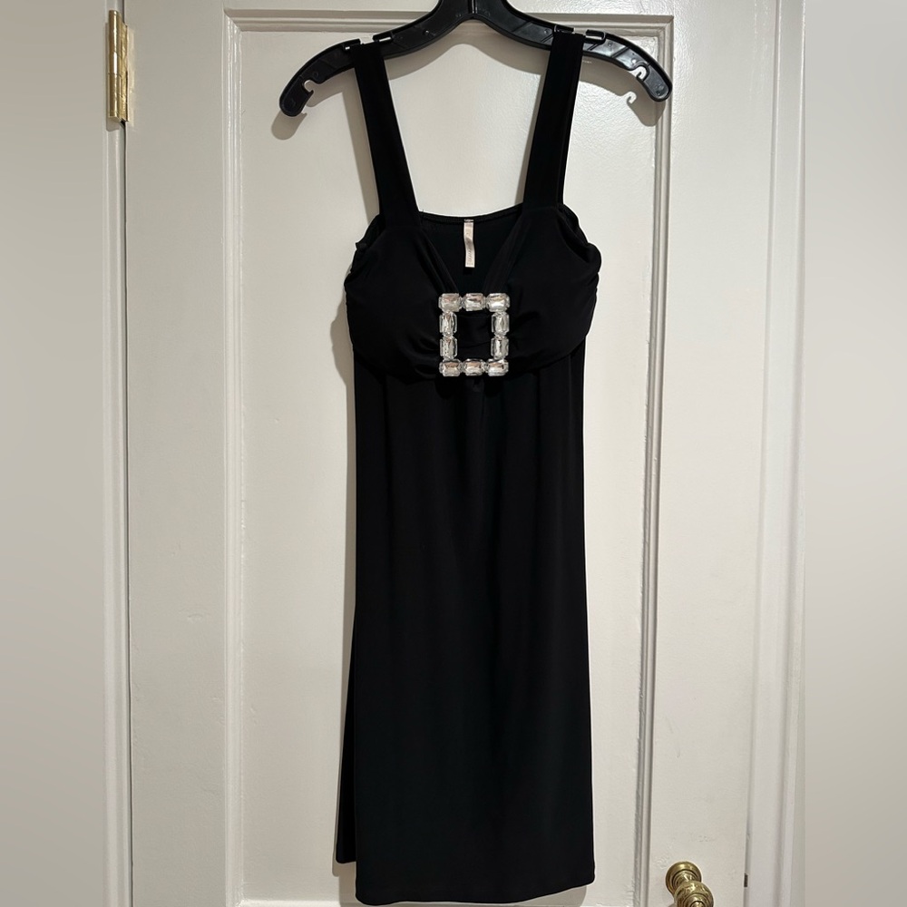 C. GRAFFITTI  LBD BLACK DRESS - Rhinestone buckle SIZE L stretch spandex poly